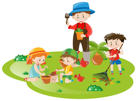 64022882 giardiniere e molti bambini che lavorano in giardino illustrazione